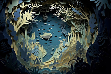 Round underwater composition with a dolphin, fish, shellfish, algae and shell