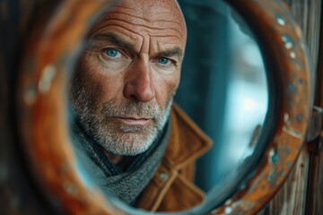 A man's aged face is reflected in a circular mirror, revealing the stories etched in his wrinkles and the wisdom hidden beneath his beard