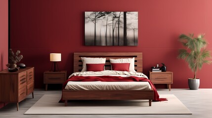 A harmonious bedroom design featuring red-toned wooden furniture against a backdrop of neutral walls, creating a visually striking yet balanced space.
