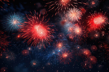 A dynamic explosion of fireworks against a dark sky, providing a festive and celebratory background for text related to joyous occasions. Generative Ai.
