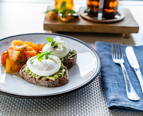 sandwich with avocado and poached eggs