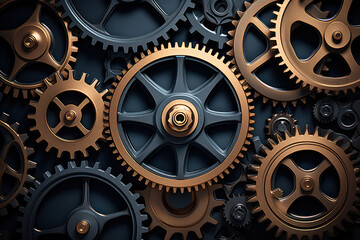 A pattern of interlocking gears and cogs, offering a mechanical and industrial background for text related to engineering and innovation. Generative Ai.