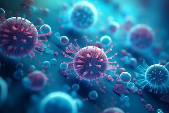 corona virus 2019-ncov flu outbreak, covid-19 3d banner illustration, microscopic view of floating influenza virus cells