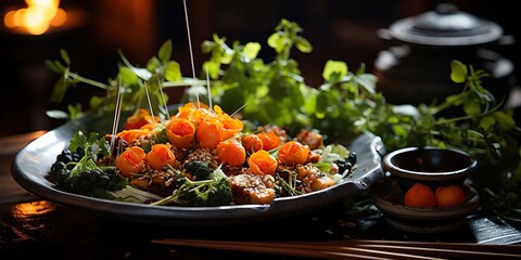 Asian-inspired salad with vibrant orange flowers, presented on a dark, reflective surface