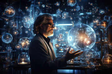 A scientist surrounded by floating molecules and scientific symbols against a laboratory backdrop, representing the pursuit of knowledge and innovation.  Generative Ai.