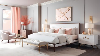 Fototapeta na wymiar A modern bedroom adorned with a sleek, white and gold bed frame against a backdrop of soft, dove-gray walls and accents of pale coral, emanating modern luxury.