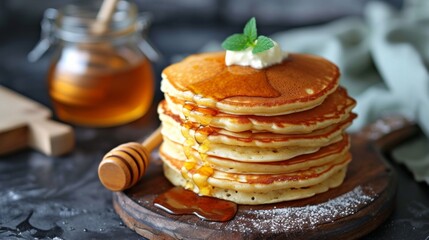a stack of fresh thick pancakes in the kitchen next to a jar of honey and sour cream