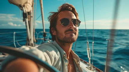 Rolgordijnen A young handsome man sails on a luxury yacht in the ocean © olegganko