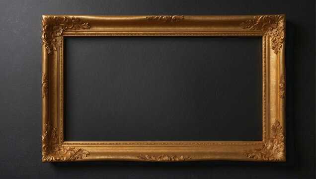 Gold blank picture frame on dark background.