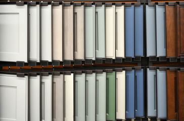 wood cabinet door samples in market in a row