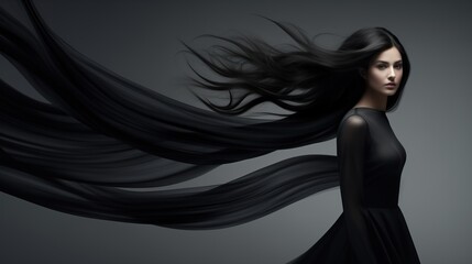 portrait of a woman with long black hair, black luxury satin fabric, surreal floating, wave silk, wave background