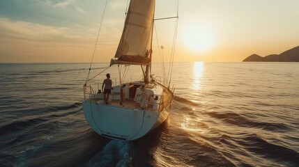 A young handsome man sails on a luxury yacht in the ocean