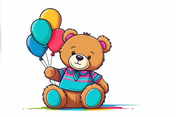 A cute brown bear holds a bunch of colorful balloons in its paws on white background.