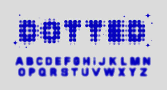 Halftone bitmap font. Blurred alphabet with dots. Vector