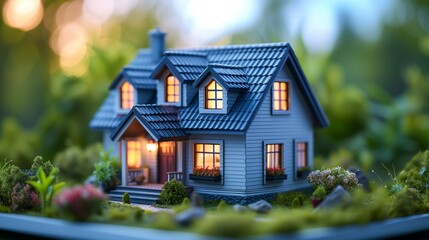 Fototapeta na wymiar A tranquil, detailed scene of a miniature house with glowing windows nestled among lush greenery, showcasing a warm, homely atmosphere during dusk