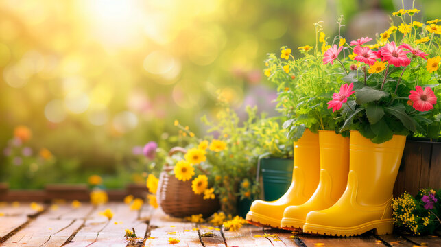 Gardening banner background with yellow boots ,  tools  and flowerpots in spring or summer garden