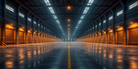 A large warehouse with a wide, modern and neat central aisle. Modern large storehouse. - obrazy, fototapety, plakaty