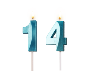 14 birthday, number candles with light, isolated on white background, transparent png