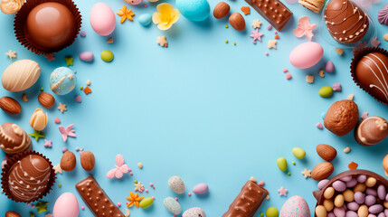 Frame from sweet chocolate treats for Easter on light blue background