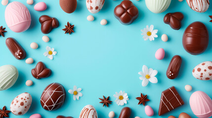 Fototapeta na wymiar Frame from sweet chocolate treats for Easter on light blue background
