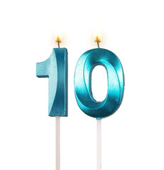 10 birthday, number candles with light, isolated on white background, transparent png