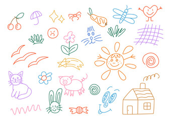 Colorful set of various hand drawn abstract shapes, strokes and doodles. Childish cute drawing. Modern design elements.