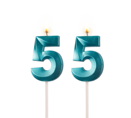 55 birthday, number candles with light, isolated on white background, transparent png