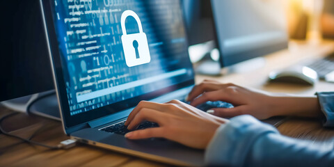 cybersecurity concept. Laptop with data security system at home. Person privacy security and encryption, secure internet access Future technology and cybernetics, screen padlock.