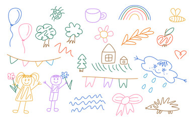 Cute hand drawn doodle vector set. Colorful collection of leaf, scribble, animal, flower, sun, rainbow, cloud, dessert.