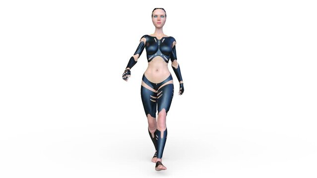 歩く女性サイボーグ　3DCGレンダリング