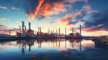 Oil and gas refinery plant area at sunrise