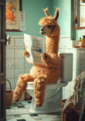 alpaca sitting ton toilet reading newspaper - obrazy, fototapety, plakaty