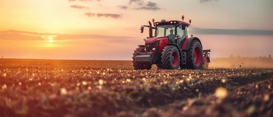 A farmer in a tractors and harvester working in the field to prepares the ground . Agriculture concept suitable for production. A tractor on a soybean farm in the spring sunset. generative ai