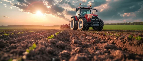 Plexiglas keuken achterwand Donkerbruin A farmer in a tractors and harvester working in the field to prepares the ground . Agriculture concept suitable for production. A tractor on a soybean farm in the spring sunset. generative ai