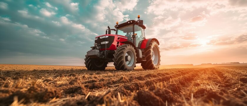 A farmer in a tractors and harvester working in the field to prepares the ground . Agriculture concept suitable for production. A tractor on a soybean farm in the spring sunset. generative ai