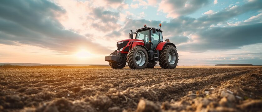 A farmer in a tractors and harvester working in the field to prepares the ground . Agriculture concept suitable for production. A tractor on a soybean farm in the spring sunset. generative ai