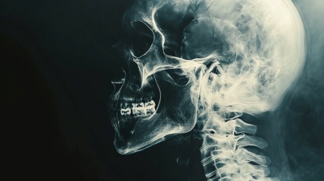 X-Ray of Human Skull and Spine in Profile View