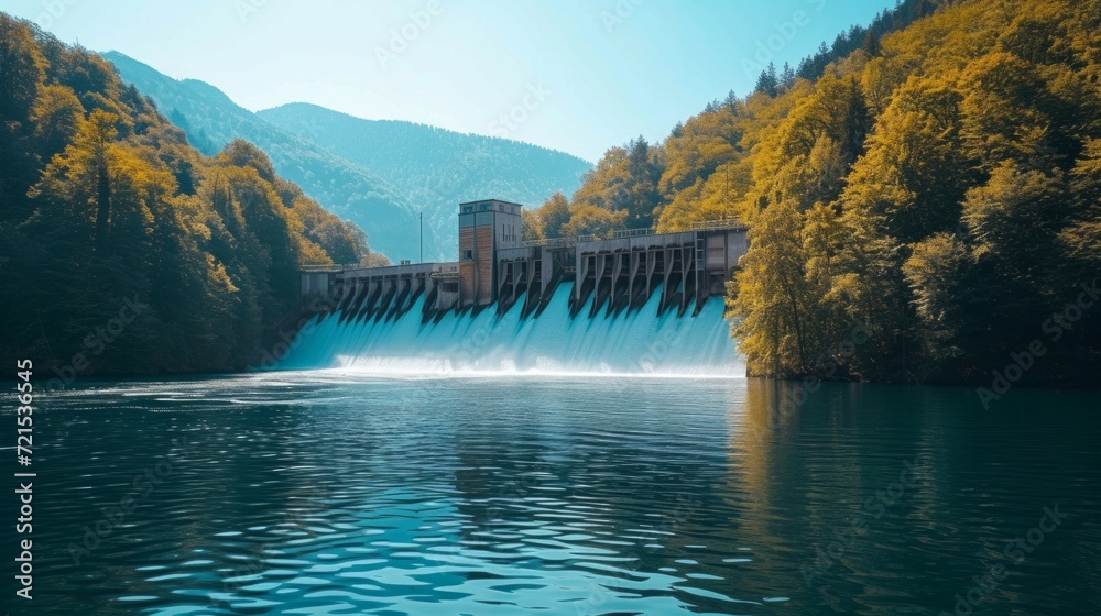 Poster beautiful background with a water hydro station on the river. sunny summer day - Posters