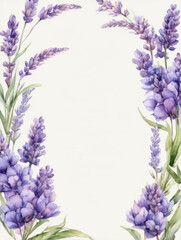 Watercolor lavender in a frame. Lavender branches on a white background. Simple minimalist design for cards, invitations, posters, date cards, wedding or greeting cards