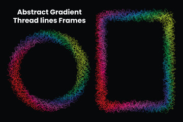 Abstract Gradient Rainbow Thread lines, circular and rectangle empty Frame isolated on Black Background tangled colorful .