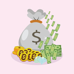 A money bag and pile of gold coins, money with a dollar sign. Representing wealth and financial succes. Flat vector illustration.