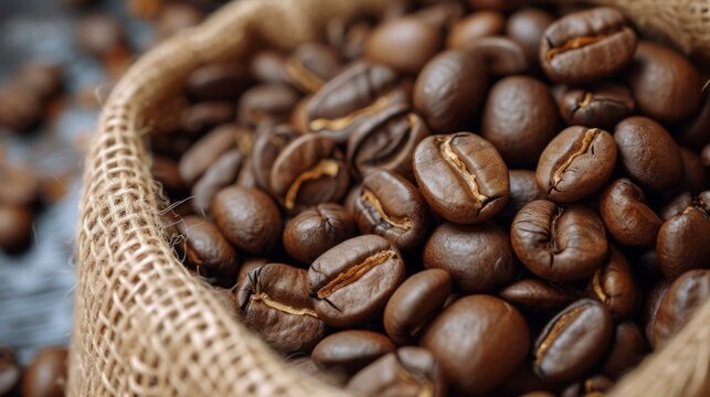 Close-up of roasted coffee beans spilling out of a burlap sack