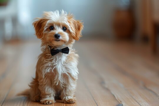 An adorable puppy wearing a bow tie