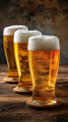Three glasses of beer on a wooden table