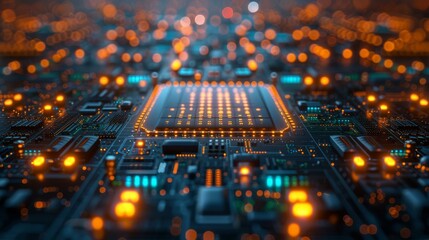 Obraz premium Close-up of a computer chip with glowing orange lights