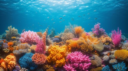 Amazing and beautiful coral reef with many colorful fish swimming around