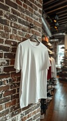Fototapeta premium A white t-shirt hanging on a brick wall