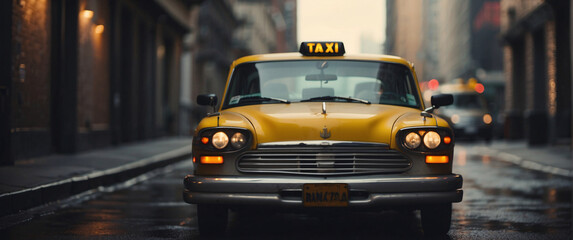 Fototapeta premium taxi car facing the camera, minimalist, deadpan, banal, cool, clinical, urban, iconic, conceptual, subversive, sparse, restrained, symbol