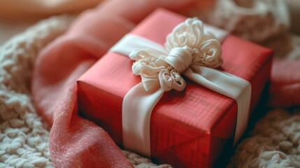 Fototapeta na wymiar A red gift box with a white ribbon