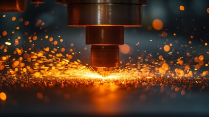 Industrial laser cutting machine in operation, cutting through metal,  with sparks flying